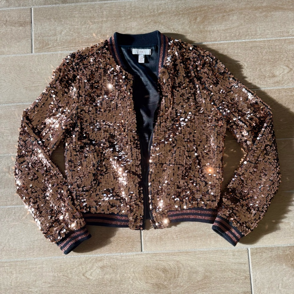 Rose Gold Scripted Sequin Bomber Jacket Size M